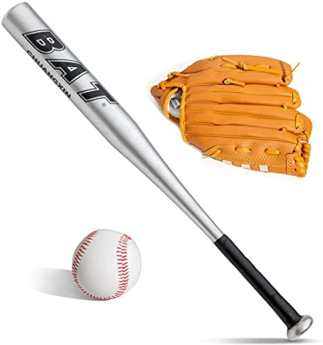 D.I.L ™ Baseball Bat+Baseball+Glove set 25 28 30 32 34 Aluminium Glove Lightweight Full Size Youth (SILVER, 25bat+gloves+ball)