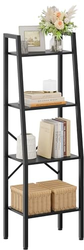 Hoctieon Ladder Shelf Bookcase, 4-Tier Ladder Bookshelf, Tall Bookshelf with Metal Frame, Industrial Bookshelf Ladder, for Living Room, Kitchen, Home Office, Bedroom, Simple Assembly, Black
