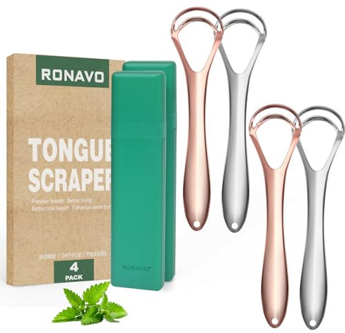 RONAVO Raschietto per lingua per adulti (4 pezzi), nuovo 2023 raschietto per lingua con doppia testa di raschietto, con custodia da viaggio, detergente per lingua in acciaio inox, respiro fresco, cura