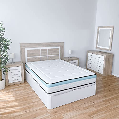 Homey - Pack Dormitorio Completo con Cabecero Nórdico Omabella de 160 x 120 cm + 2 Mesitas de Noche + Cómoda + Espejo de Pared | Colores Cambria y Blanco (para Cama de 135-140 o 160)