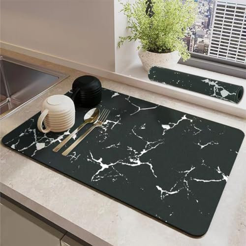 Dish Drying Mat, 2pcs Draining Board Mats Coffee Machine Mat 2 Size Kitchen Super Absorbent Draining Mat, Anti-Slip Counter Protector Sink Drainer Mat Spill Mat for Dish Coffee Bar Worktop (Black, 2)