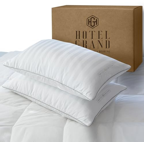 Hotel Grand Juego de 2 almohadas de plumas esponjosas 100 % algodón, tamaño estándar, hipoalergénicas, de firmeza media, para dormir de espalda/de lado