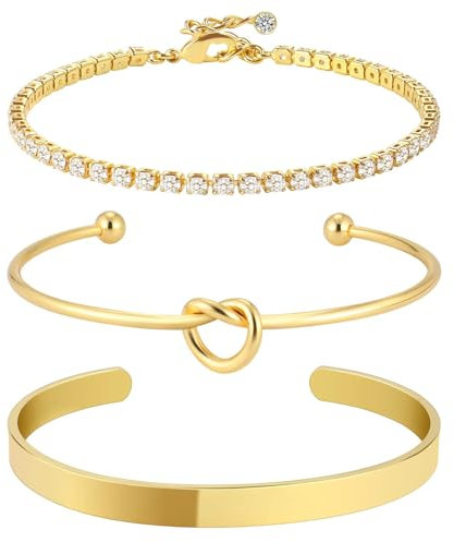 Mezrkuwr 3 Stück Gold-Armreif-Manschettenarmband für Damen, 14K vergoldetes Zirkonia-Tennis-Armband, nicht anlaufend, verstellbares Schmuckset für Damen