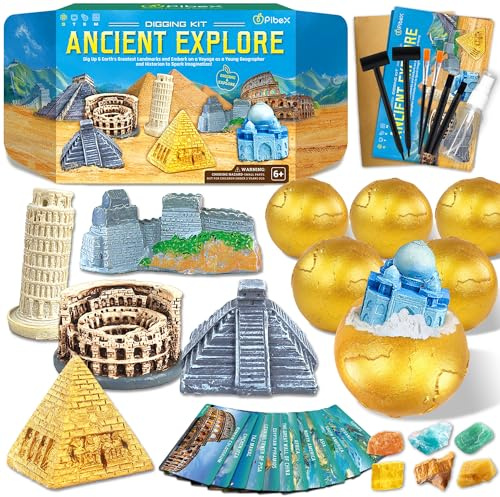 Ancient Wonders Dig Kit, Excavate 6 Treasure Landmarks Figurines & 6 Rocks, with History Learning Cards, Wonders of The World Toy Archaeology Set, STEM Party Favor Gifts for Boys & Girls Age 6+