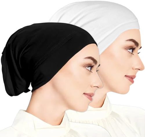 salbsever 2 Stück Damen Frauen Undercap Hijab, Elastisches Hijab Schwarz-Weiss Einfarbiger Hijab Mütze Kopfbedeckung Schlafmütze