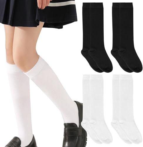 WiseJoy 4 paia di calzini alti per bambino o ragazza e ragazzo per uniforme scolastica, calze al ginocchio lunghe in cotone tinta unita, bianco, uniformi unisex