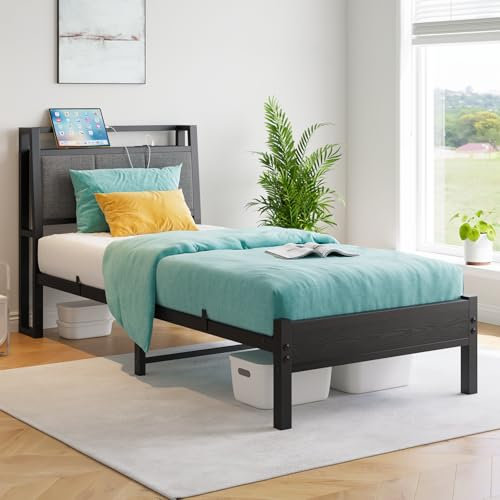 FOUBAM Metallbett Bettgestell 90x200 mit Ladestation,Ergonomie Robustes Metallbett mit Holz Stauraum-Kopfteil aus Stoff,Gästebett Jugendbett Einzelbett Bettrahmen, Metall mit Lattenrost, Schwarz