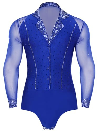 YiZYiF Camicia Body Uomo da Ballo Mesh Manica Lunga Leotard da Danza con Strass Bodysuit da Pattinaggio Artistico Blu L