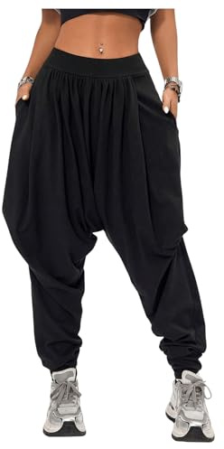 Verdusa Women's Hippie Baggy Harem Pants Elastic Waist Drop Crotch Trousers with Pockets Black Medium