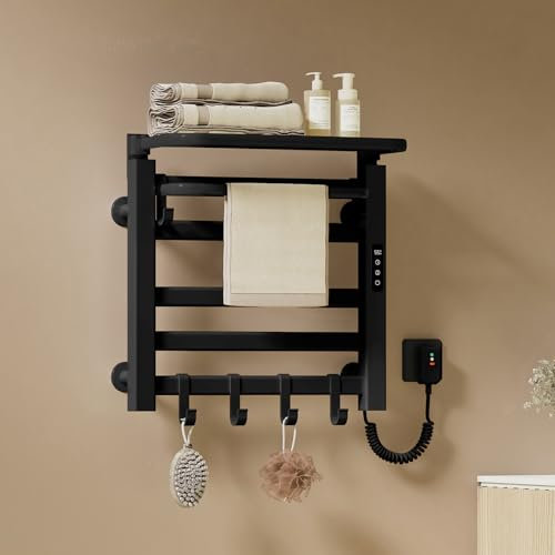 EMKE Scaldasalviette Elettrico Bagno 500 x 500 mm, Nero, 140W, Termoarredo Elettrico Bagno con Mensola e Ganci, Temperatura Regolabile 30-70°C, Funzione Timer&Memoria,Scalda asciugamani