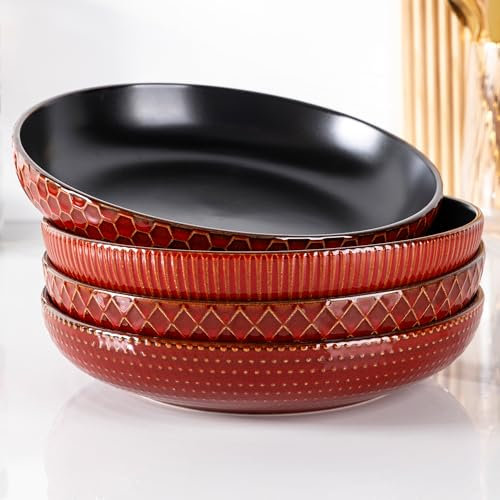 GBHOME Lot de 4 bols à pâtes, en porcelaine, diamètre : 24 cm, extra profonds, en céramique, pour pâtes, salade, desserts et dîners de famille, passent au lave-vaisselle et empilables, 1250 ml