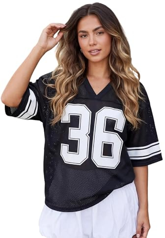 LYSINK Women Oversized Jersey Shirts Y2k Number Graphic T-Shirt Summer Short Sleeve V Neck Loose Streetwear Top