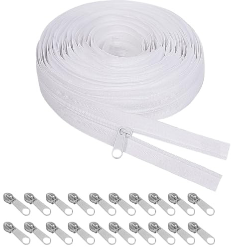 20 m Cremalleras de Nylon Blanco Sin Fin con 20 Cabezas, Ancha 2.5 cm: Cremallera Continua para Ropa de Cama Infinita con Cursor, Cremalleras por Metros para Coser, DIY Ropa, Bolsos y Manualidades