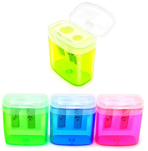 GNALIA Taille Crayon Avec Réservoir, 4 Pièces, Rouge Jaune Bleu Vert, Manuel 2 Trous, 4Cm Longueur X 3.5Cm Largeur X 2Cm Hauteur, Pour Enfants École Bureau