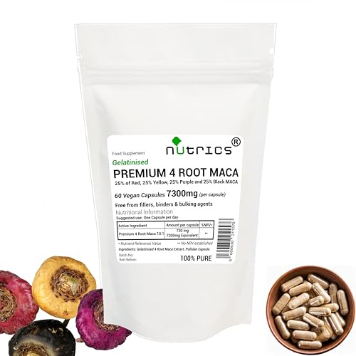 Nutrics® 7300mg per Capsule Premium 4 Root Gelatinised Maca Extract 60 V Capsules - Peruvian Ginseng - Strong One a Day - 100% Pure - Free from Fillers