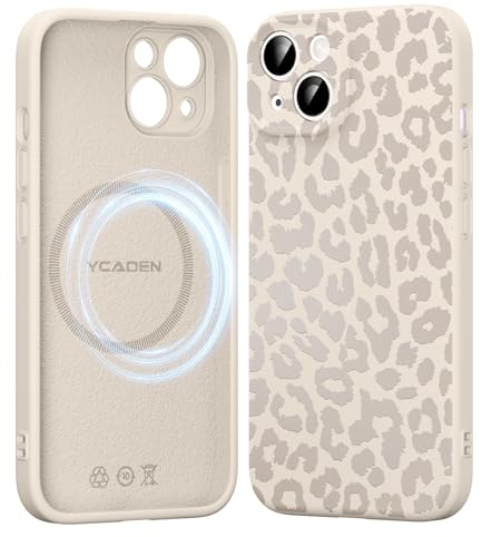 Saqmkil Magnetiskt fodral för iPhone 15 6,1 tum, kompatibelt med MagSafe, estetisk leopard tecknad flicka dam skal, flytande mjukt silikon TPU stötdämparfodral, stötsäkert skydd, beige