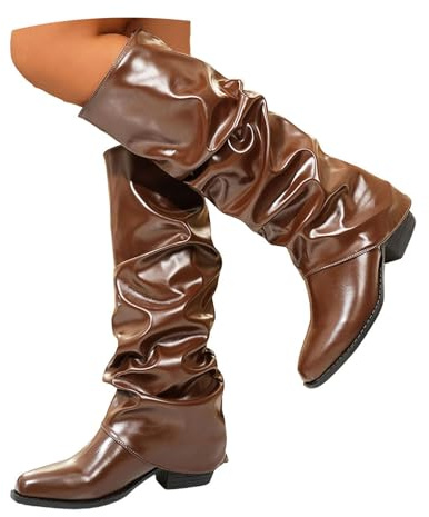 Botas de equitación hasta la rodilla para mujer, botas planas holgadas, puntera redonda, piel brillante, pantorrilla ancha, tacones gruesos, botines modernos, vintage, cómodos, fruncidos, senderismo