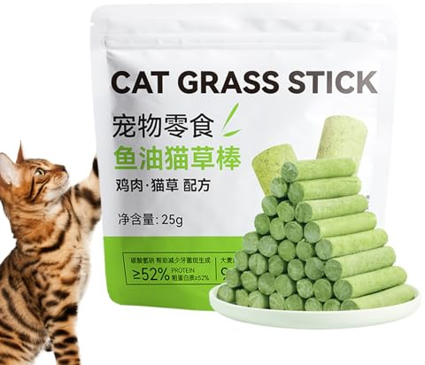 Kattgräspinne – naturlig år, rengöring och hårbal, borttagningssnacks | Kattgräs, tandsprickningspinne för tandrengöring | Läcker kattmynta, smakbehandling för inomhuskatter och kattungar, stöder