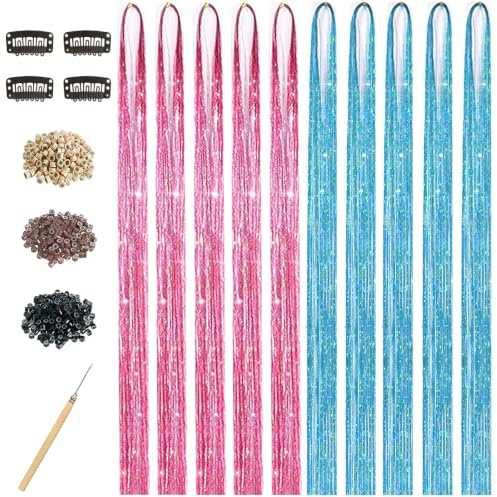Hair Tinsel Kit for Girls, 10 Pcs 4200 Strands Fairy Tinsel Hair Extensions Holographic Hair Tinsel Heat Resistant Colored Hair Glitter Christmas Party Festival (Pink+Lake Blue)