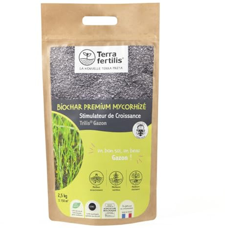 Terra Fertilis - Fertilisant Plantes spécial Gazon - à base de Biochar Mycorhizé - Favorise la germination et la levée - Améliore la densité et la résistance du gazon - Sac 2,5 kg