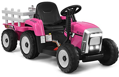 Goplus Elektrisk traktor med släp för barn, 3-växlat 12 V-elfordon med fjärrkontroll, elbil med LED-ljus, musik och Bluetooth, 30 kg belastningskapacitet, från 3 år (rosa)