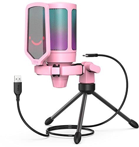 FIFINE Gaming Microphone, USB PC Streaming RGB Condenser Microphone for Video, Voice Recording, Podcasts, Youtube, Tiktok on Desktop/Laptop/PS4/PS5, with Tap-to-Mute, External Pop Filter-A6V Pink