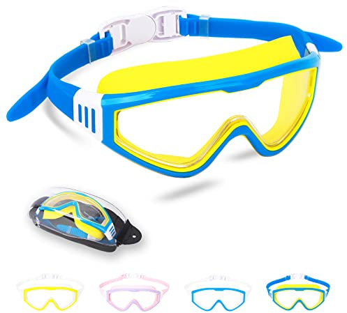 Jodsen Gafas de Natación para Niños,Gafas Piscina Niños de 3 a 12 años,Anti Niebla Protección UV Gafas de Buceo,Gafas de natación para Niños con Montura Grande con Diadema Ajustable (Azul)