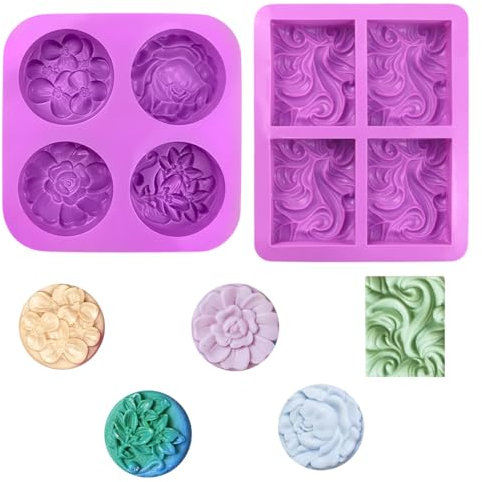 2 Stück Silikon Seifenformen, 4 Hohlraum Seifen Silikonform Set, Silikonformen Seife Wiederverwendbar, Seife Formen, Seifengießform für Seife DIY Formen, Kuchen, Backen, Pudding, Schokolade (Blume)