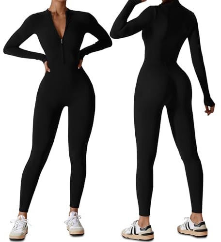 HOMDECR Tuta Intera Donna Sportiva Maniche Lunghe Jumpsuit Aderente Sexy Cerniera Completo per Yoga Palestra Abbigliamento Zip Costine Tutina Sportivo (L,Nero)