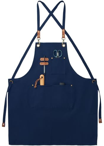 FunChaos Canvas Aprons, Chef Aprons, Work Aprons for Men Women, Adjustable Strap Aprons with 3 Pockets, Apron for Servers Kitchen Cooking Baking Artist Painting, Cross Back (Blue)