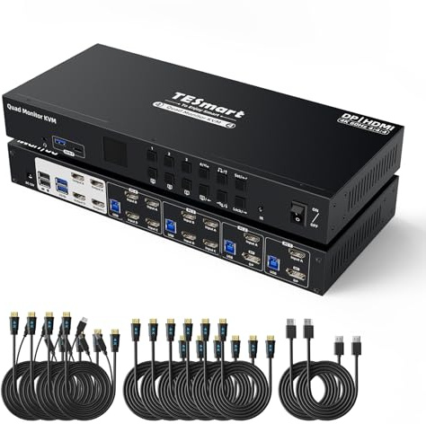 TESmart USB 3.0 MST HDMI+DP KVM Switch 4 Monitore 4 PC, 4K@60Hz Quad Monitor KVM-Switches mit EDID Emulatoren, Docking Station mit Audio&Mikrofon, 4 USB 3.0 für Tastaturen, Mäuse Drucker und U-Disk