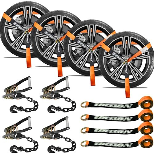 IBITION 4 Pack Car Tie Down Straps for Trailers with Heavy Duty Chain Anchors 2 x 96 - 3,300 lbs Safe Working Load -Adjustable Wheel Straps with Chain Hook Anchors for Trailers.Orange
