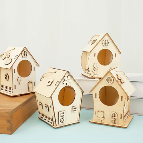 BAODBF Lot de 4 nichoirs à oiseaux pour enfants - À peindre avec gouache et pinceau - Kit de construction pour cadeaux de fête, cadeaux d'anniversaire
