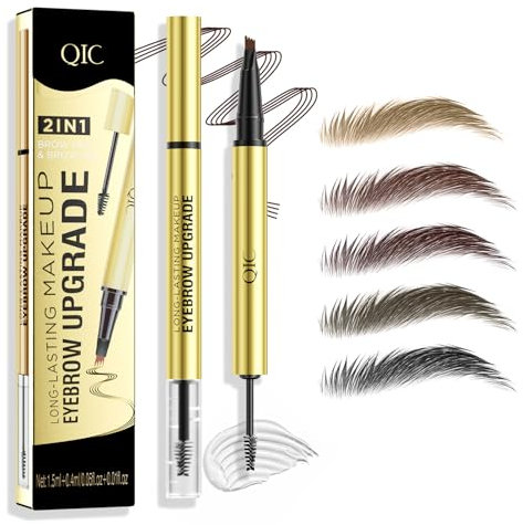 Eyebrow Pencil, Microblading Eyebrow Pen with 4 Fork Tip, 2-In-1 Dual-Ended Eye Brow Pencil with Gel, Precise Brush Create Natural Hair-Like Brows, Waterproof, Last All Day, Defined (Dark Brown)