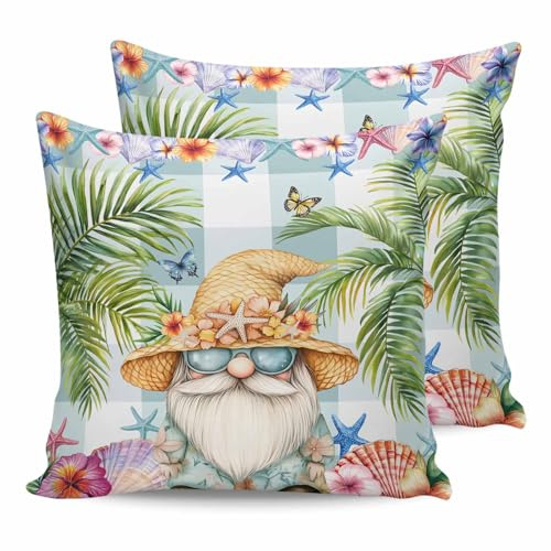 DOME-SPACE Outdoor Pillow Covers 16x16in Pack of 2 Waterproof Pillowcase Tropical Dwarf Palm Tree Decorative Throw Cushion Case for Patio Couch Sofa Gnomes Sea Star on Green Plaid