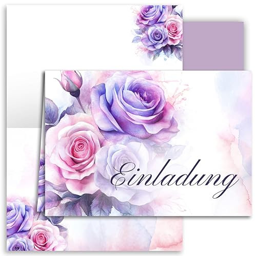 E&G Klasse 10x Einladungskarten rosa lila Blumen mit Umschlägen Frauen Erwachsene A6 Einladungskarten Feier Geburtstag Anlass Einladung Sommerfest Party Jubiläum Hochzeit