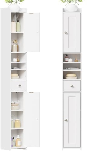 BEWISHOME Mobiletto da Bagno Stretto, Mobile da Bagno Alto,Armadio da contenitore Stretto, Colonna Bagno Alto, per Piccoli Spazi, Moderno,20x20x180 cm, Bianco EYYG07W