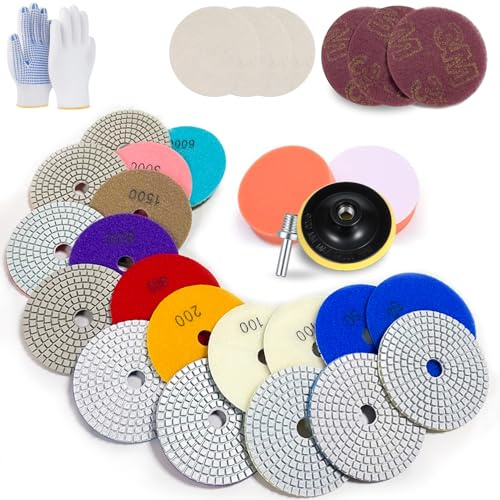 22 Pcs Disque Polissage Carrelage, 4 Pouces Disque Polir Carrelage pour Marbre Granite Pierre Béton, 50-6000# Polissage Pads avec Support en Caoutchouc M14 pour Machine à polir