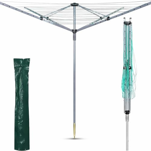 FAHD TRADERS 60M Rotary Washing Line 4 Arm – Heavy Duty Outdoor Clothes Airer with Ground Spike & Cover | Foldable 360° Rotating Clothes Dryer, Weather Resistant