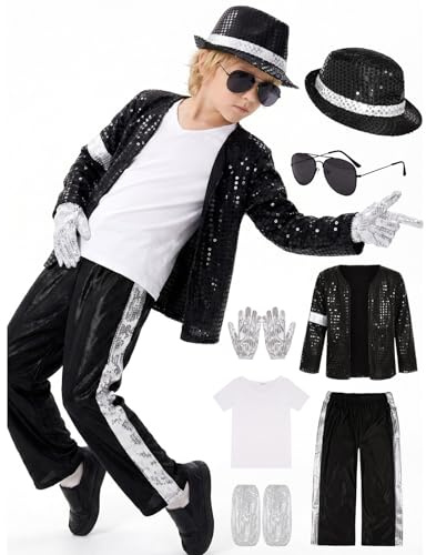 Generisch Kinder Retro Pop Star Kostüm 7-teiliges Set Paillettenjacke Gestreifte Hose Mit Hut Sonnenbrille Handschuhe & T-Shirt 90er Jahre Outfit Für Halloween Karneval Bühnenauftritt & Mottoparty