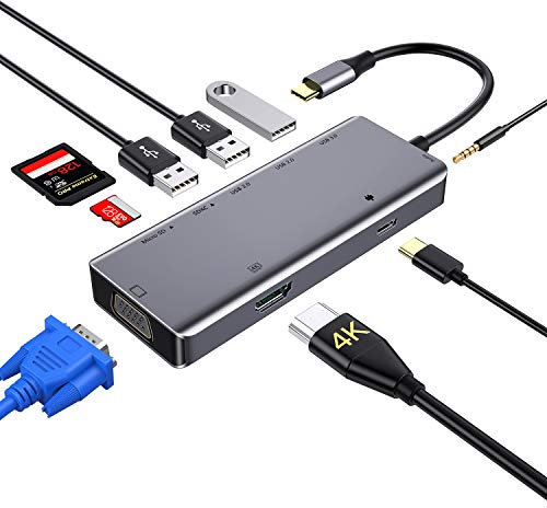 Zedela Hub USB C 9-en-1 Concentrateur de Type C vers HDMI 4K, VGA, USB 3.0, Lecteur de Carte SD & Micro SD, 3.5mm AUX Jack, Alimentation USB-C, Adaptateur pour MacBook Pro/Air 2018 et Plus