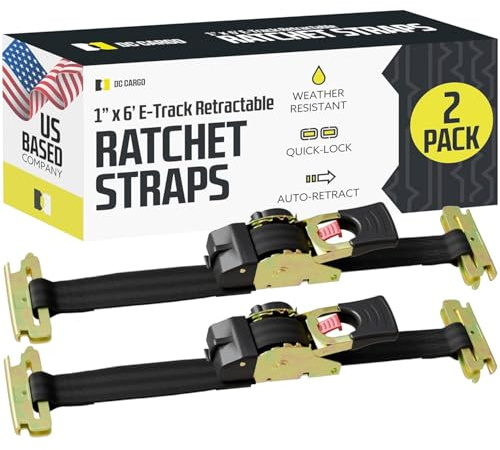 DC Cargo Mall E Track Retractable Ratchet Tie Down Straps Heavy Duty 1,500 lb Break Strength - Trailer E Track Accessories for Secure, Safe Transport 1 x 6' (2 Pack)