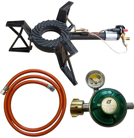 10,5 KW 3/4 Fuß Gasbrenner Gaskocher Hockerkocher Gas Kocher Camping Räucherofen (3 Fuß Kocher inkl.1,5 m Schlauch mit Manometer)