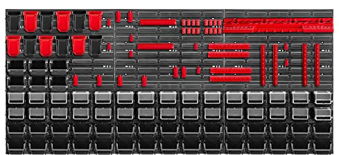 KADAX Scaffale da parete per attrezzi, grande, 174 x 78 cm, in plastica robusta, sistema modulare resistente ai raggi UV, pannelli da parete espandibili, scaffale da (rosso e nero, 121 pezzi)