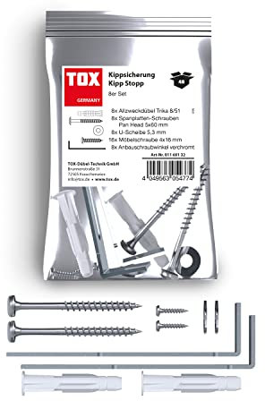 TOX Kipp Stopp Kippsicherung für Möbel, sicherer Halt in Allen Räumen und nahezu jedem Baustoff für Regale, Schränke, Kommoden UVM, optisch unauffällig und schnell zu montieren, 8 Stück, 01160132