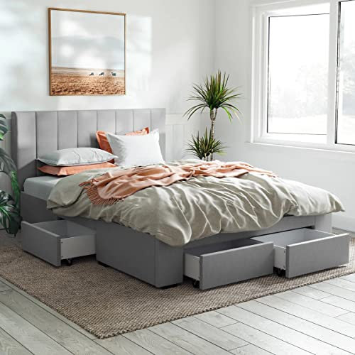 SANA SLEEP 5FT King Size Designer Fabric Bed Frame with Four Storage Drawers - Grey