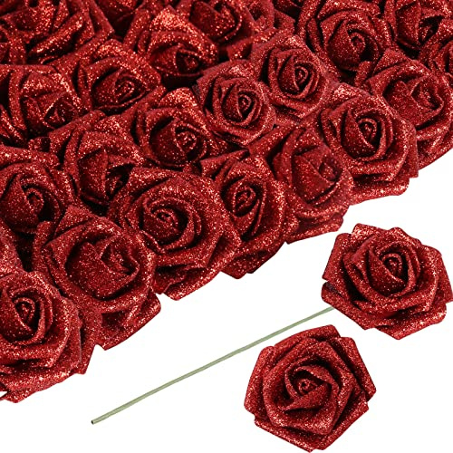 ICBOX Fiori artificiali, 30 rose rosse glitterate con stelo, 6 cm, in schiuma glitterata, per fai da te, bouquet di nozze, feste, decorazioni per la casa (rosso)