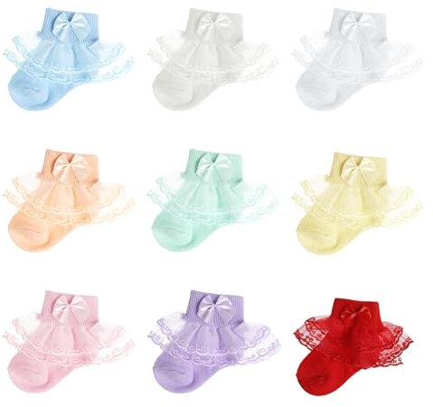 FRIUSATE 9 Pairs Baby Girl Frilly Socks, White Lace Soft Comfortable Cotton Colorful Lace with Bowknot Ankle Socks for Newborn Baby Girls