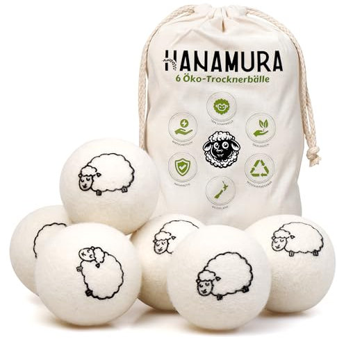 Hanamura Boules de séchage - 6 boules de sèche-linge - 100 % laine de mouton - Avec sac de rangement