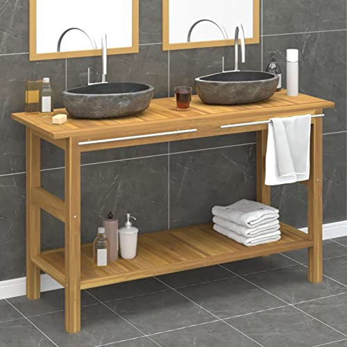 IKAYAA Mueble de Lavabo Doble 132 cm, Mueble de Lavabo, Mueble de Baño con 2 Mármol Lavabos, Armario Bajo Lavabo, Mueble Bajo Lavabo Lavabo Incluido Crema#2
